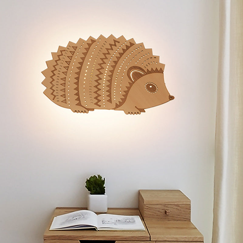 Wood Hedgehog Flush Mount Wall Sconce Kids Beige LED Wall Lighting Fixture for Bedside, Leftward/Rightward Clearhalo 'Wall Lamps & Sconces' 'Wall Lights' Lighting' 787211