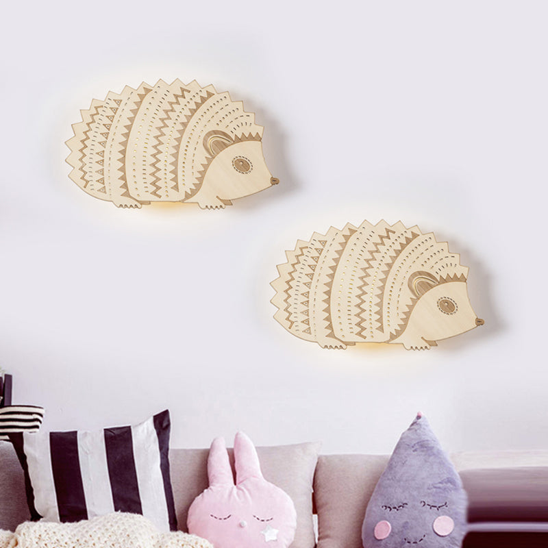 Wood Hedgehog Flush Mount Wall Sconce Kids Beige LED Wall Lighting Fixture for Bedside, Leftward/Rightward Clearhalo 'Wall Lamps & Sconces' 'Wall Lights' Lighting' 787212