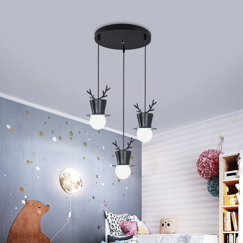 Black Tall Hat Cluster Pendant Nordic Style 3 Bulbs Iron Hanging Ceiling Light with Antler Decor, Round/Linear Canopy Clearhalo 'Ceiling Lights' 'Pendant Lights' 'Pendants' Lighting' 787322