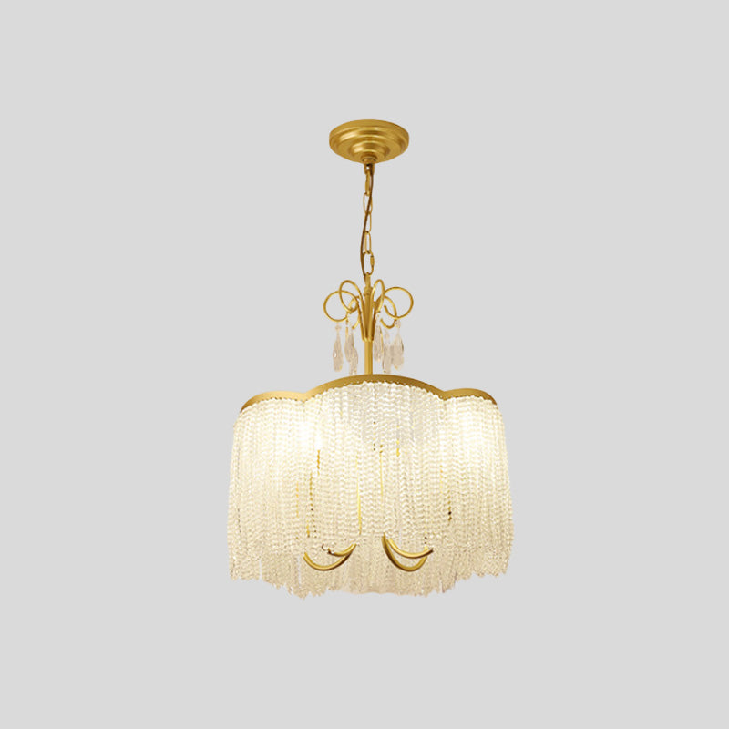 Tassel Fringe Parlor Pendant Chandelier Modern Crystal Beaded 3-Head Gold Hanging Light Fixture Clearhalo 'Ceiling Lights' 'Chandeliers' 'Modern Chandeliers' 'Modern' Lighting' 787358