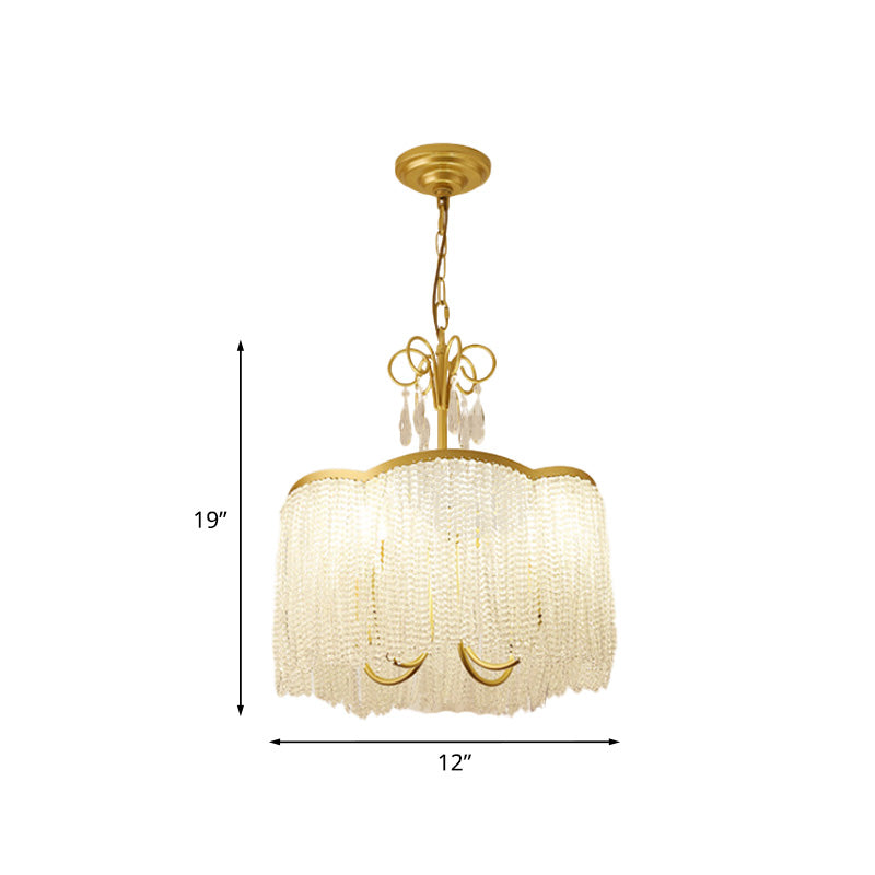 Tassel Fringe Parlor Pendant Chandelier Modern Crystal Beaded 3-Head Gold Hanging Light Fixture Clearhalo 'Ceiling Lights' 'Chandeliers' 'Modern Chandeliers' 'Modern' Lighting' 787359