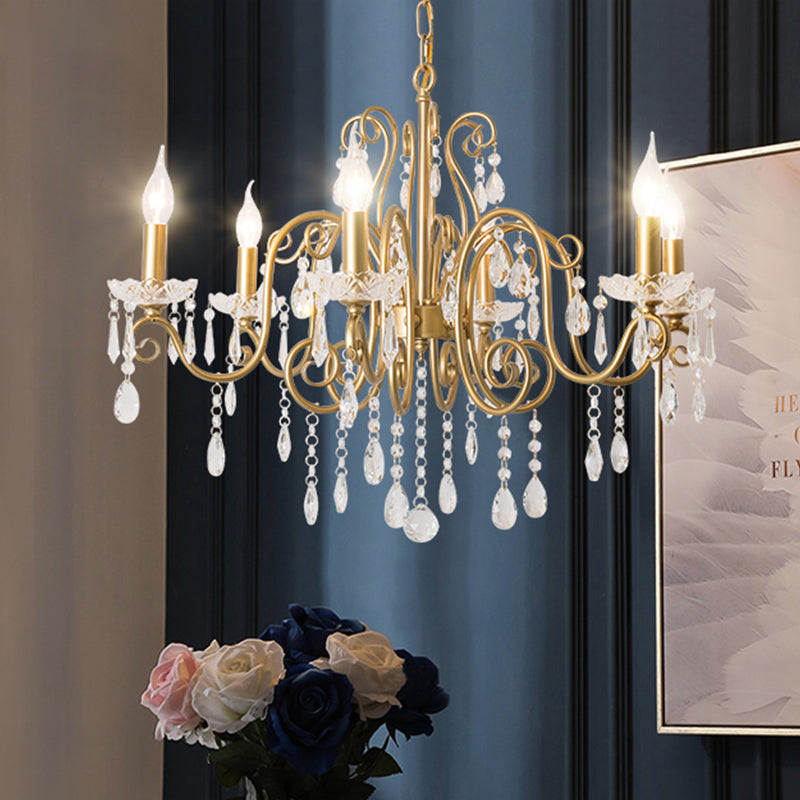 Victorian Swirl Arm Candelabra Chandelier 6 Bulbs Crystal Hanging Light Fixture in Gold Gold Clearhalo 'Ceiling Lights' 'Chandeliers' Lighting' options 787438_d69b36c0-dcb1-448c-a207-8eca74659a6d