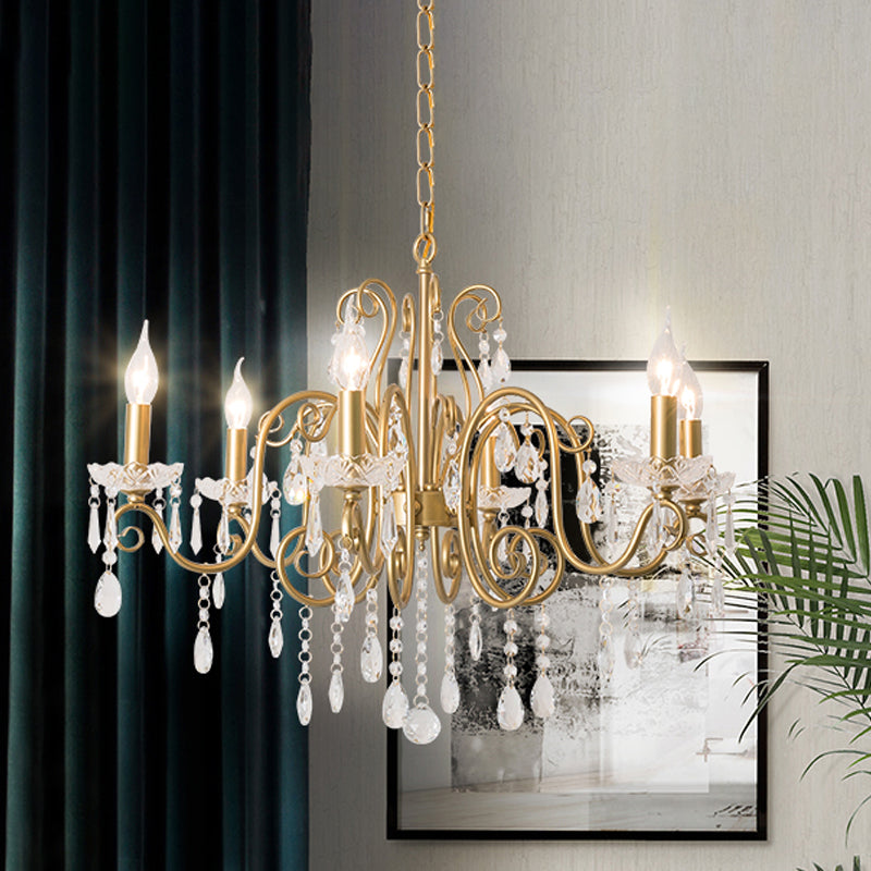 Victorian Swirl Arm Candelabra Chandelier 6 Bulbs Crystal Hanging Light Fixture in Gold Clearhalo 'Ceiling Lights' 'Chandeliers' Lighting' options 787439