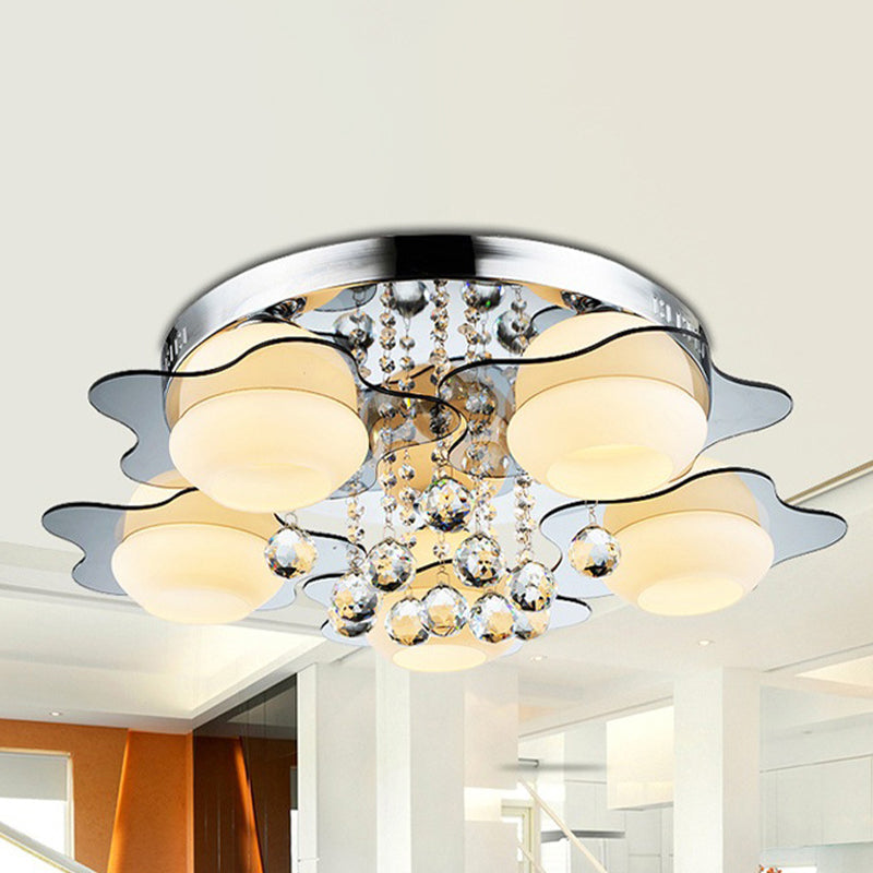 3/5-Head White Glass Flushmount Modernism Chrome Floral Living Room Ceiling Flush Light with Crystal Ball Drop 5 Chrome Clearhalo 'Ceiling Lights' 'Close To Ceiling Lights' 'Close to ceiling' 'Flush mount' Lighting' 787638