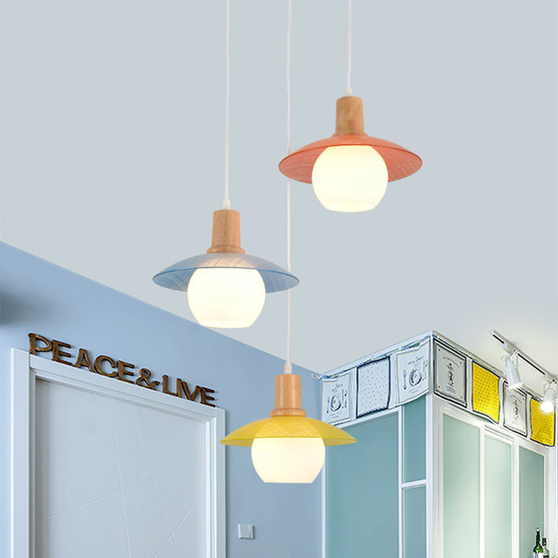 Macaron Disk Multi Pendant Light Blue-Pink-Yellow Glass 3 Bulbs Dining Room Drop Lamp with Wood Top Blue-Pink-Yellow Clearhalo 'Ceiling Lights' 'Chandeliers' 'Glass shade' 'Glass' 'Modern Pendants' 'Modern' 'Pendant Lights' 'Pendants' Lighting' 787667