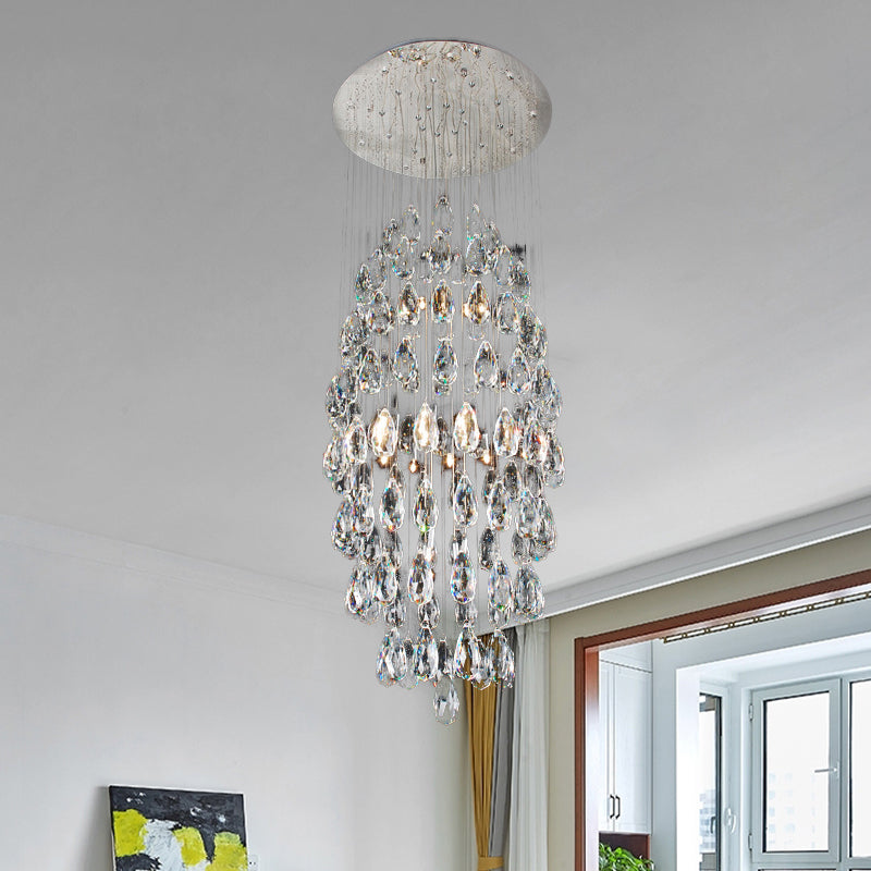 Crystal Drip Oval Flush Mount Chandelier Modern Stylish 6-Bulb Restaurant Ceiling Light in Satin Nickel Satin Nickel Clearhalo 'Ceiling Lights' 'Close To Ceiling Lights' 'Close to ceiling' 'Flush mount' Lighting' 787713