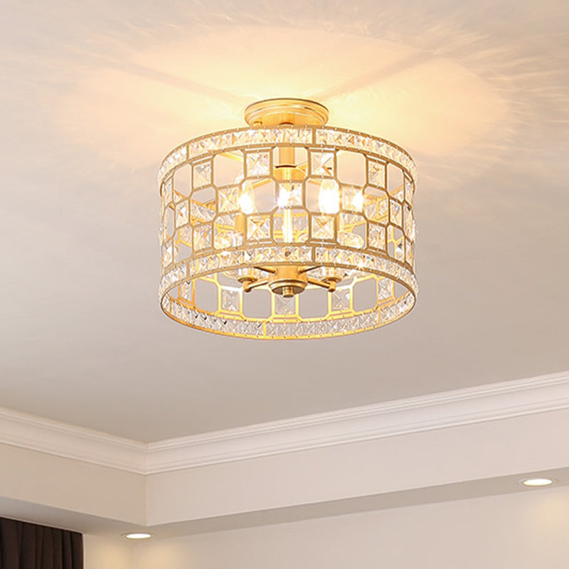 Vintage Hollowed Out Drum Semi Flush 3/4 Heads Crystal Embedded Flush Mount Ceiling Light Fixture in Gold 4 Gold Clearhalo 'Ceiling Lights' 'Close To Ceiling Lights' 'Close to ceiling' 'Semi-flushmount' Lighting' 787737