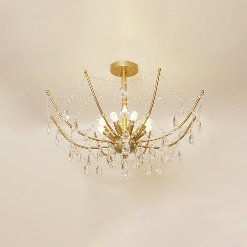 6/8 Bulbs Semi Flush Chandelier Retro Netting Crystal Strand Flush Ceiling Light in Gold Clearhalo 'Ceiling Lights' 'Close To Ceiling Lights' 'Close to ceiling' 'Semi-flushmount' Lighting' 787756