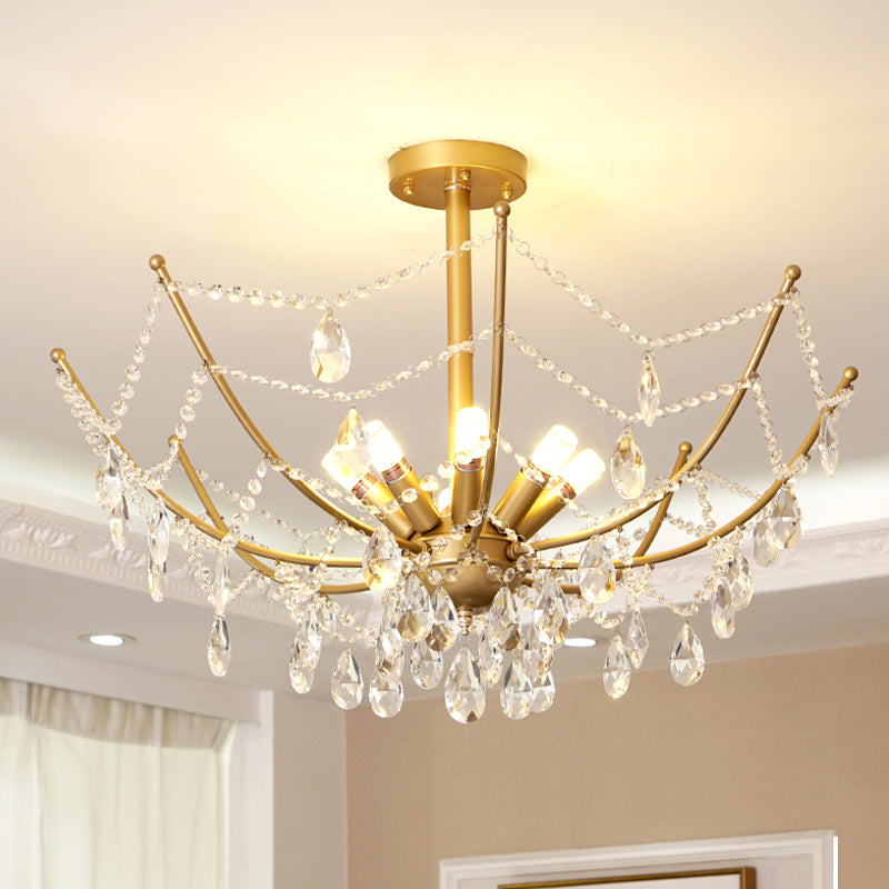 6/8 Bulbs Semi Flush Chandelier Retro Netting Crystal Strand Flush Ceiling Light in Gold 6 Gold Clearhalo 'Ceiling Lights' 'Close To Ceiling Lights' 'Close to ceiling' 'Semi-flushmount' Lighting' 787759