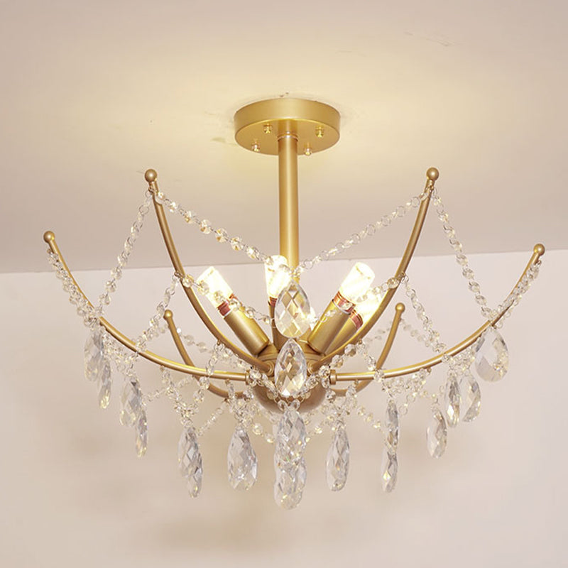 6/8 Bulbs Semi Flush Chandelier Retro Netting Crystal Strand Flush Ceiling Light in Gold Clearhalo 'Ceiling Lights' 'Close To Ceiling Lights' 'Close to ceiling' 'Semi-flushmount' Lighting' 787761