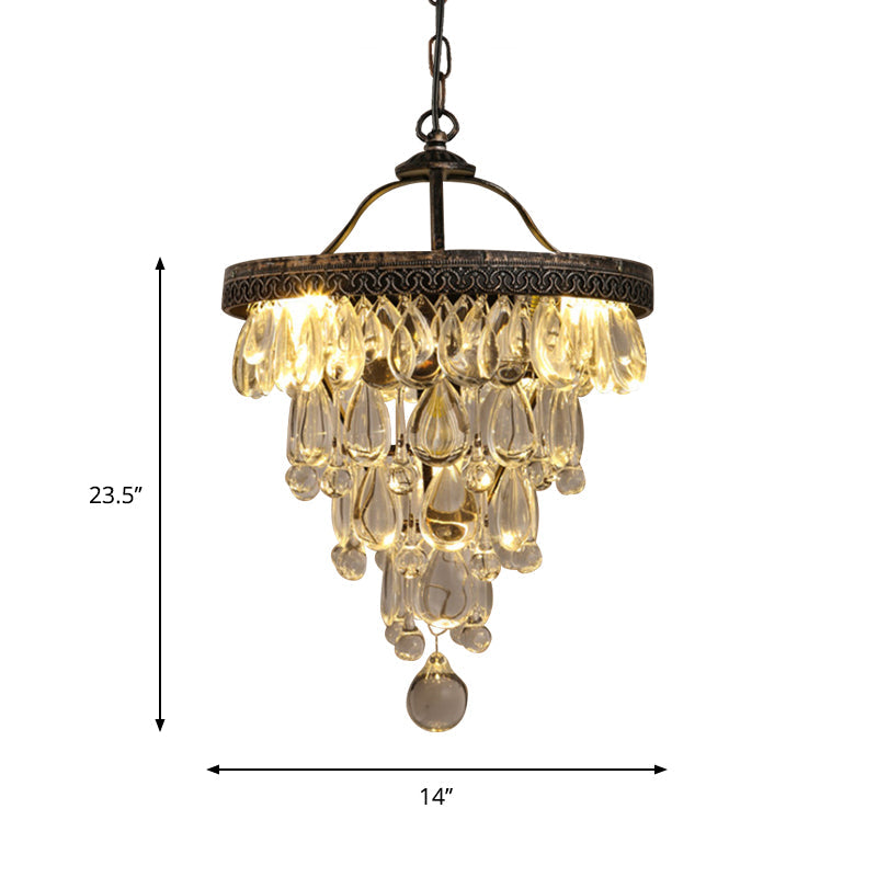 Teardrop Living Room Chandelier Light Fixture Countryside Clear Crystal 3-Light Bronze Hanging Lamp with Layered Design Clearhalo 'Ceiling Lights' 'Chandeliers' Lighting' options 787776