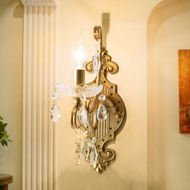 1/2-Light Candlestick Wall Sconce Antiqued Gold Iron Wall Mount Lamp with Crystal Drape Clearhalo 'Wall Lamps & Sconces' 'Wall Lights' Lighting' 787803