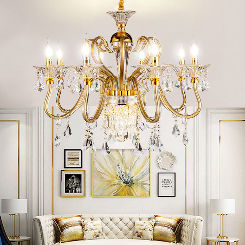 Traditional Candelabra Chandelier 6/8 Heads Metal Drop Pendant in Gold with Clear Crystal Droplet Clearhalo 'Ceiling Lights' 'Chandeliers' Lighting' options 787829