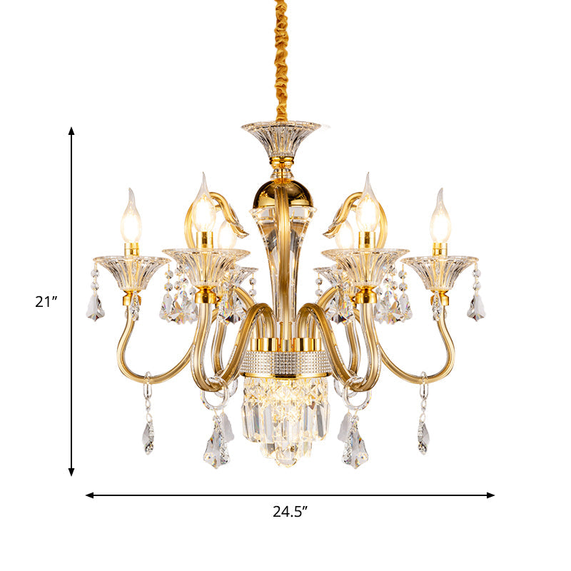 Traditional Candelabra Chandelier 6/8 Heads Metal Drop Pendant in Gold with Clear Crystal Droplet Clearhalo 'Ceiling Lights' 'Chandeliers' Lighting' options 787837