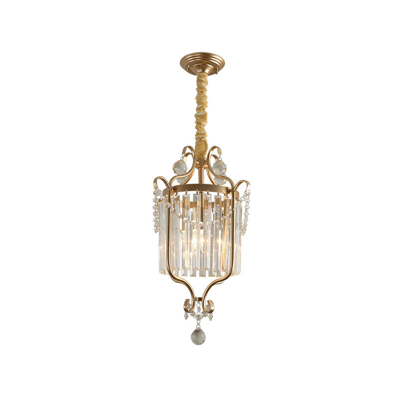 Cylindrical K9 Strip Crystal Hanging Lamp Country Style 1 Head Dining Room Down Lighting Pendant in Gold Clearhalo 'Ceiling Lights' 'Pendant Lights' 'Pendants' Lighting' 787874