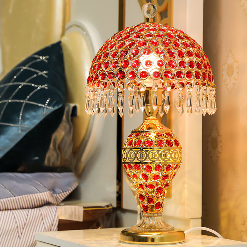 Retro Vase Pot Table Light Single Red Crystal Night Lamp with Dome Lampshade and Droplet in Gold Gold Clearhalo 'Lamps' 'Table Lamps' Lighting' 788102