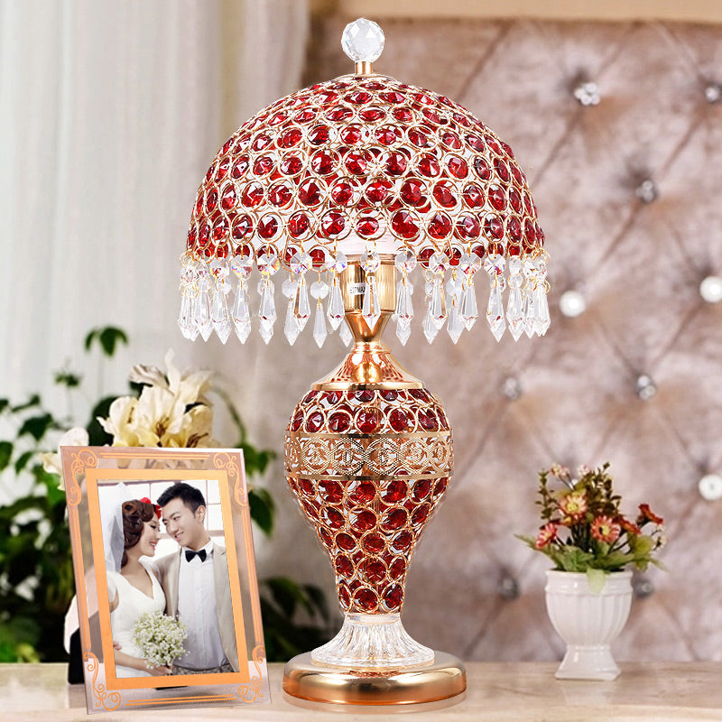 Retro Vase Pot Table Light Single Red Crystal Night Lamp with Dome Lampshade and Droplet in Gold Clearhalo 'Lamps' 'Table Lamps' Lighting' 788103