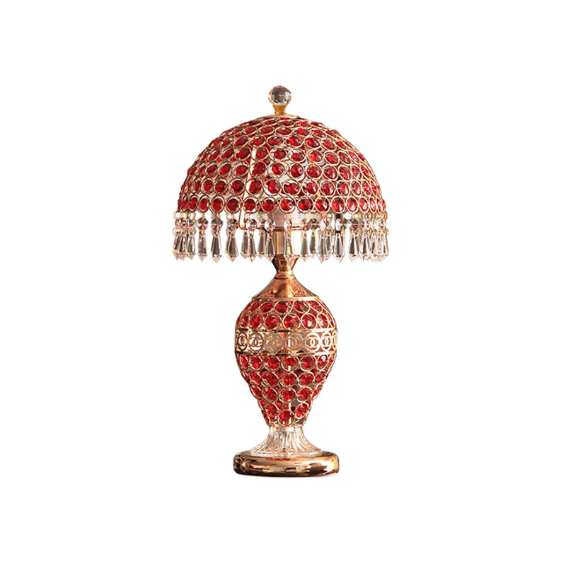 Retro Vase Pot Table Light Single Red Crystal Night Lamp with Dome Lampshade and Droplet in Gold Clearhalo 'Lamps' 'Table Lamps' Lighting' 788104