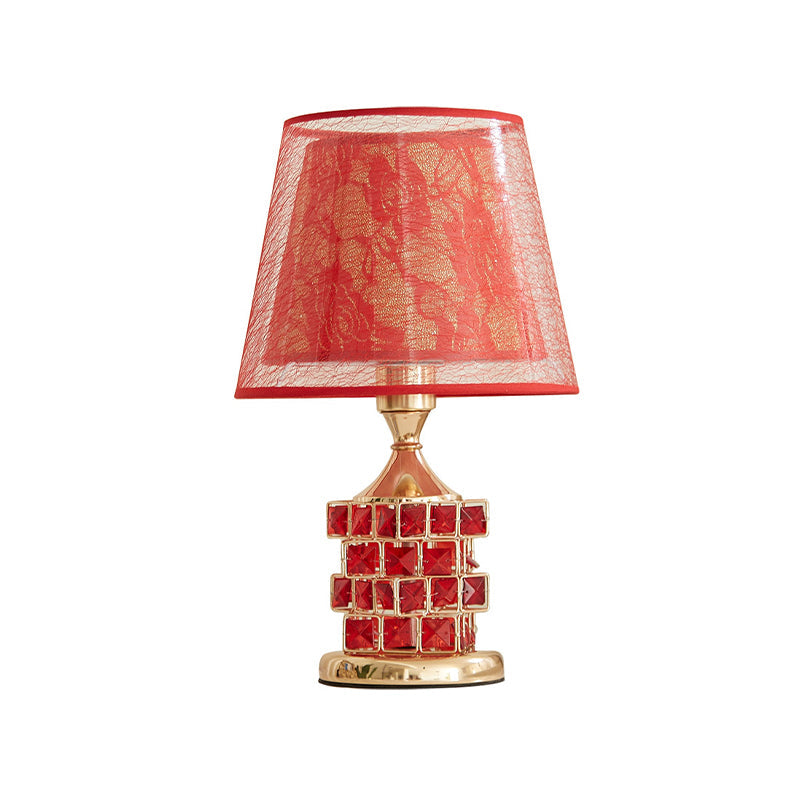 1 Head Rose Printed Fabric Table Lamp Vintage Romantic Red/Gold Dual Cone Shade Night Light with Cube Crystal Base Clearhalo 'Lamps' 'Table Lamps' Lighting' 788108