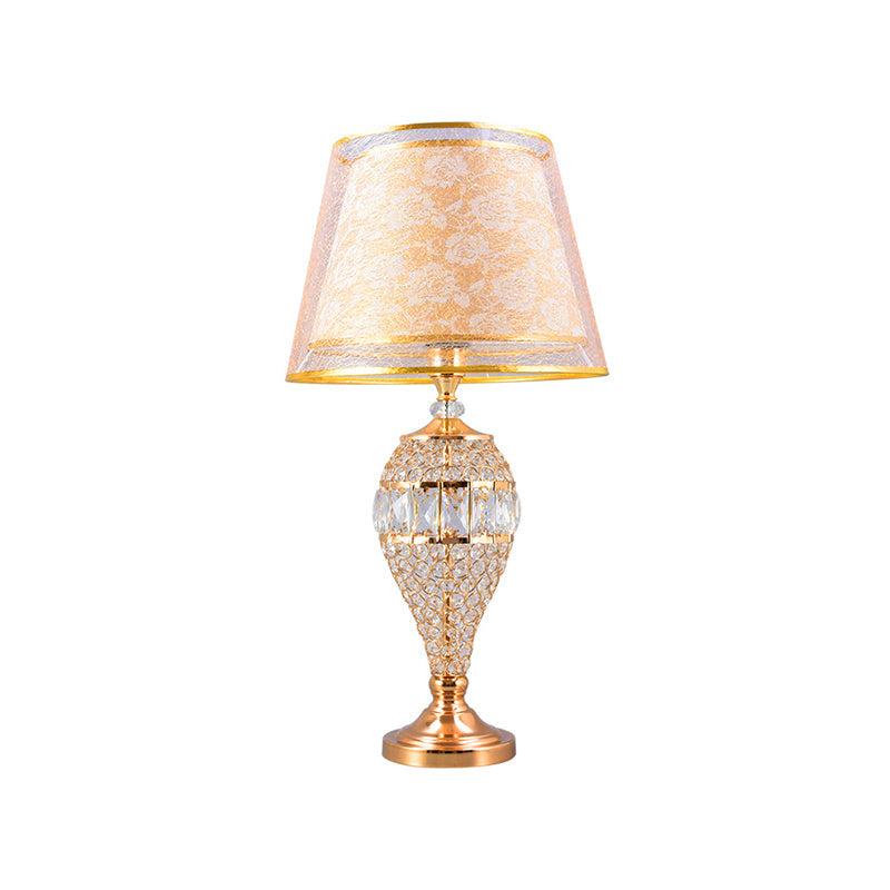 Teardrop Living Room Table Lighting Traditional Crystal 1-Light Gold Night Lamp with 2-Layer Patterned Fabric Shade Clearhalo 'Lamps' 'Table Lamps' Lighting' 788116