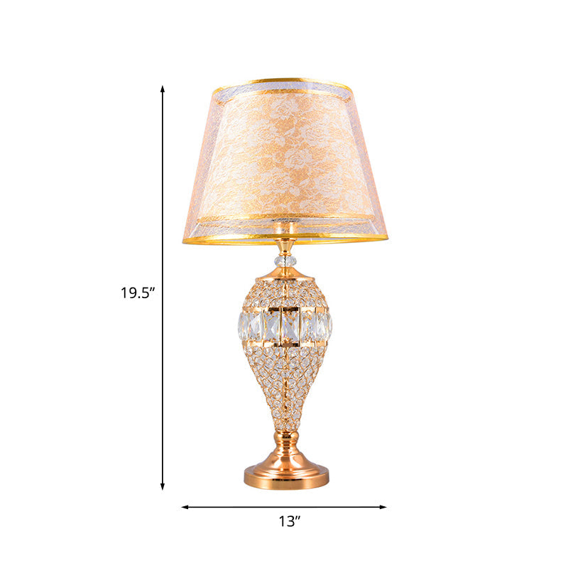 Teardrop Living Room Table Lighting Traditional Crystal 1-Light Gold Night Lamp with 2-Layer Patterned Fabric Shade Clearhalo 'Lamps' 'Table Lamps' Lighting' 788117