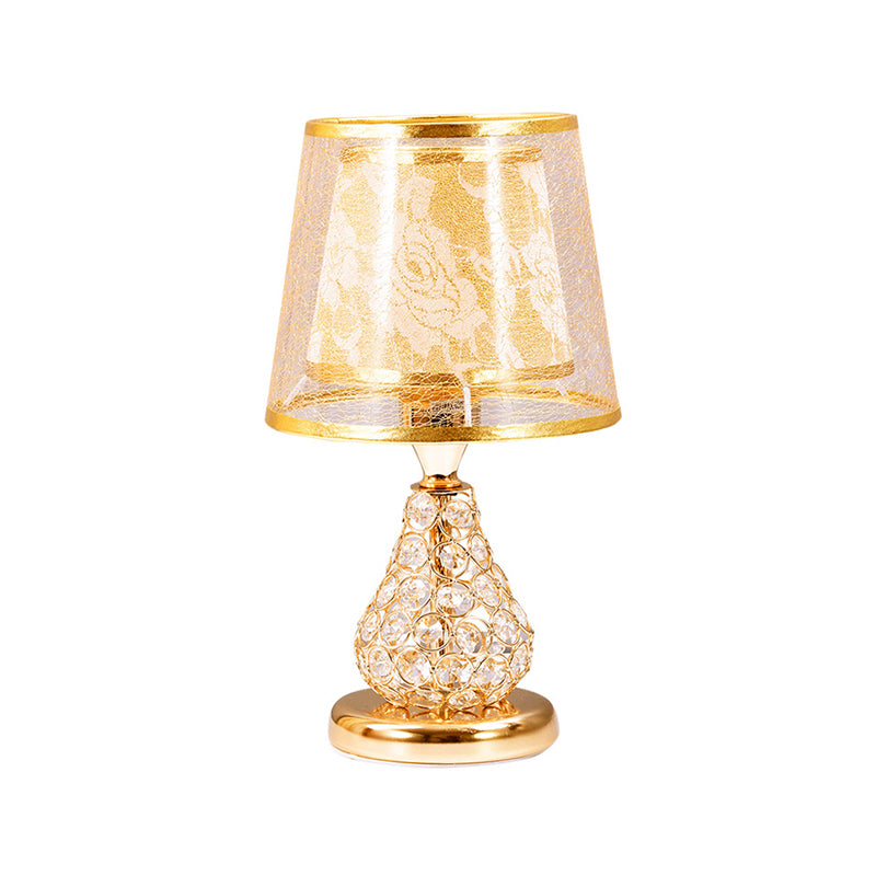 2-Shade Conical Fabric Night Lamp Rustic 1 Head Bedside Table Light with Crystal Encrusted Pear Base in Gold Clearhalo 'Lamps' 'Table Lamps' Lighting' 788128