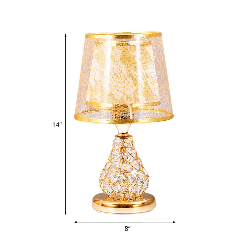 2-Shade Conical Fabric Night Lamp Rustic 1 Head Bedside Table Light with Crystal Encrusted Pear Base in Gold Clearhalo 'Lamps' 'Table Lamps' Lighting' 788129