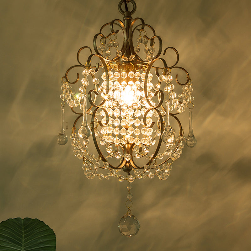 Gold/Bronze 1 Light Pendant Lighting Retro Crystal Beaded Scroll Arm Hanging Lamp Kit for Hall Clearhalo 'Ceiling Lights' 'Pendant Lights' 'Pendants' Lighting' 790188