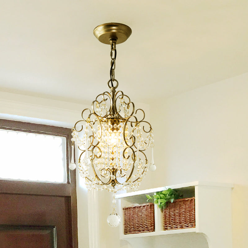 Gold/Bronze 1 Light Pendant Lighting Retro Crystal Beaded Scroll Arm Hanging Lamp Kit for Hall Clearhalo 'Ceiling Lights' 'Pendant Lights' 'Pendants' Lighting' 790189