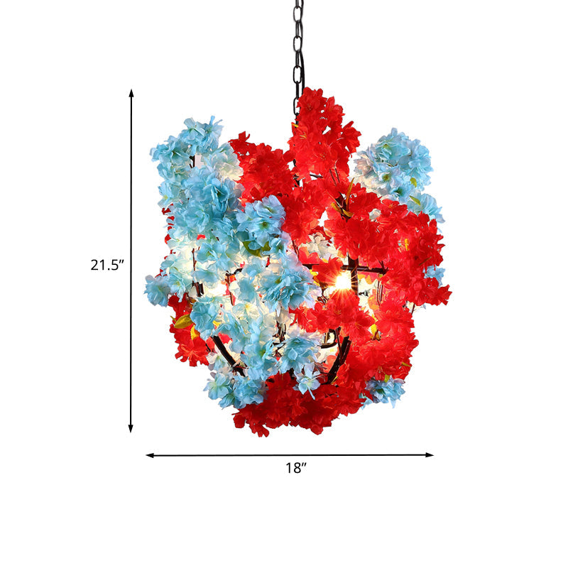 3 Bulbs Floral Spherical Chandelier Lighting Fixture Industrial Red and Blue Metallic Suspension Lamp Clearhalo 'Cast Iron' 'Ceiling Lights' 'Chandeliers' 'Industrial Chandeliers' 'Industrial' 'Metal' 'Middle Century Chandeliers' 'Rustic Chandeliers' 'Tiffany' Lighting' 790246
