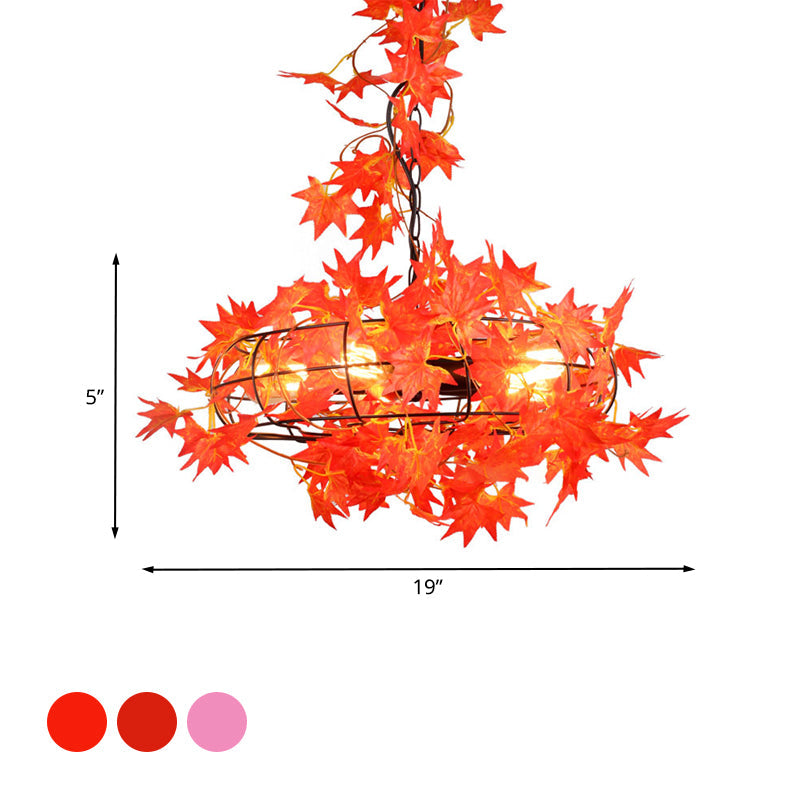 5 Lights Ceiling Chandelier Farmhouse Fan Cage Iron Drop Pendant with Orange and Red Maple Leaf/Red Rose Deco Clearhalo 'Cast Iron' 'Ceiling Lights' 'Chandeliers' 'Industrial Chandeliers' 'Industrial' 'Metal' 'Middle Century Chandeliers' 'Rustic Chandeliers' 'Tiffany' Lighting' 790254