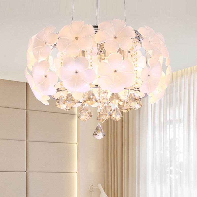 White 5/8 Lights Pendulum Light Modernism Flower Crystal Drum Frame Chandelier Lamp Fixture, 18