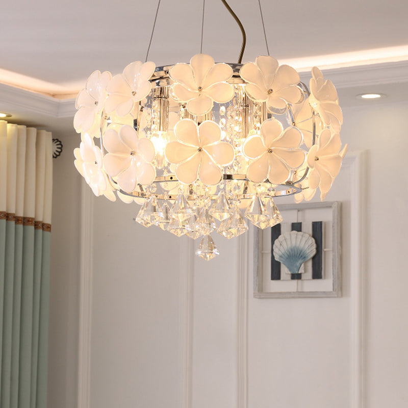 White 5/8 Lights Pendulum Light Modernism Flower Crystal Drum Frame Chandelier Lamp Fixture, 18