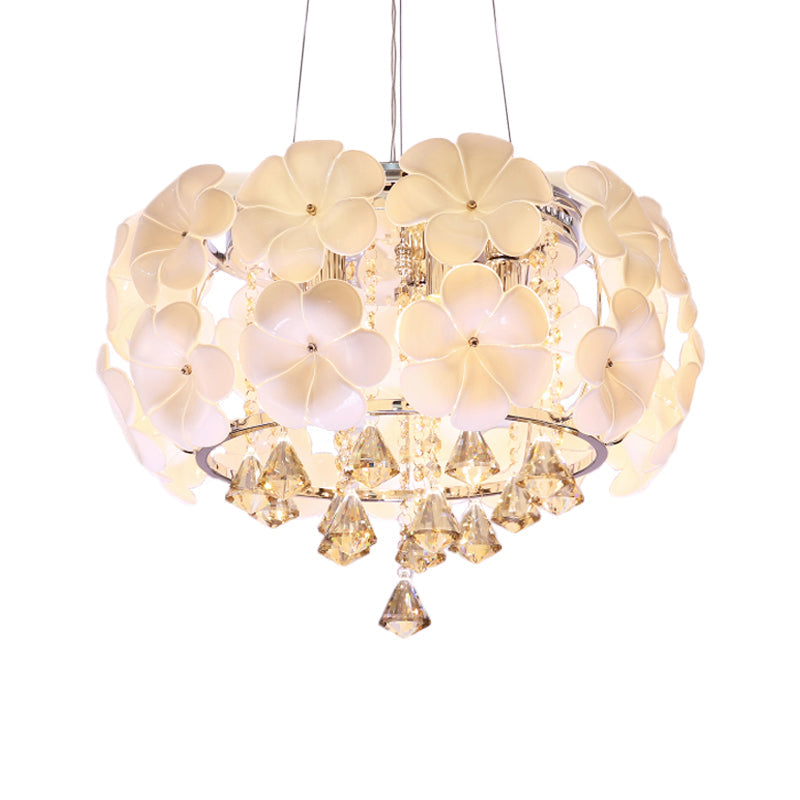 White 5/8 Lights Pendulum Light Modernism Flower Crystal Drum Frame Chandelier Lamp Fixture, 18