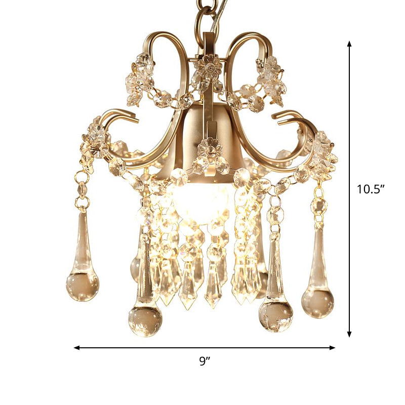 Crystal Drip Scrolling Pendant Light Fixture Modernist 1 Head Cloakroom Suspension Lamp in Gold Clearhalo 'Ceiling Lights' 'Modern Pendants' 'Modern' 'Pendant Lights' 'Pendants' Lighting' 791024