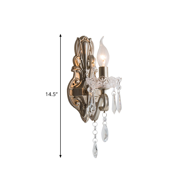 Swirl Arm Living Room Wall Light Fixture Retro Style Metal 1/2-Light Silver Finish Sconce Lighting with Crystal Drop Clearhalo 'Wall Lamps & Sconces' 'Wall Lights' Lighting' 791078