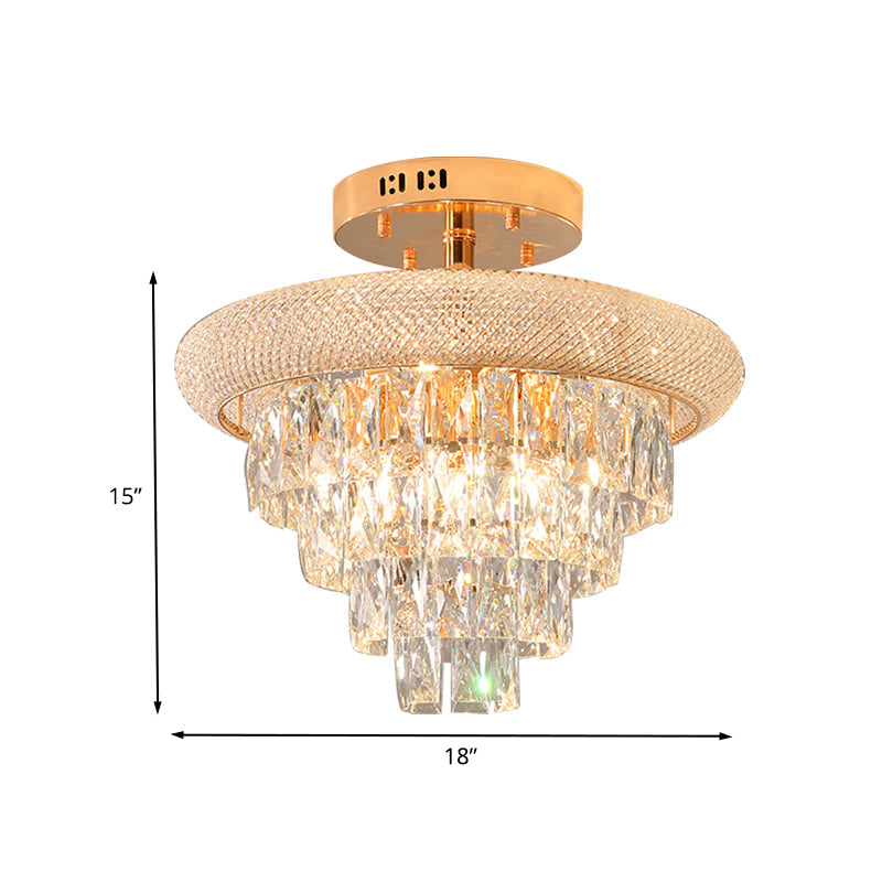 9 Lights Semi Mount Lighting Traditional 5-Layer Prismatic Crystal Ceiling Flush Light Fixture in Gold Clearhalo 'Ceiling Lights' 'Close To Ceiling Lights' 'Close to ceiling' 'Semi-flushmount' Lighting' 791210