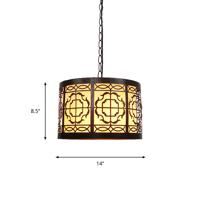 Antiqued Bronze 1-Light Drop Pendant Rustic Metal Cutouts Rose/Scrollwork Drum Shape Hanging Ceiling Light Clearhalo 'Art Deco Pendants' 'Cast Iron' 'Ceiling Lights' 'Ceramic' 'Crystal' 'Industrial Pendants' 'Industrial' 'Metal' 'Middle Century Pendants' 'Pendant Lights' 'Pendants' 'Tiffany' Lighting' 791305