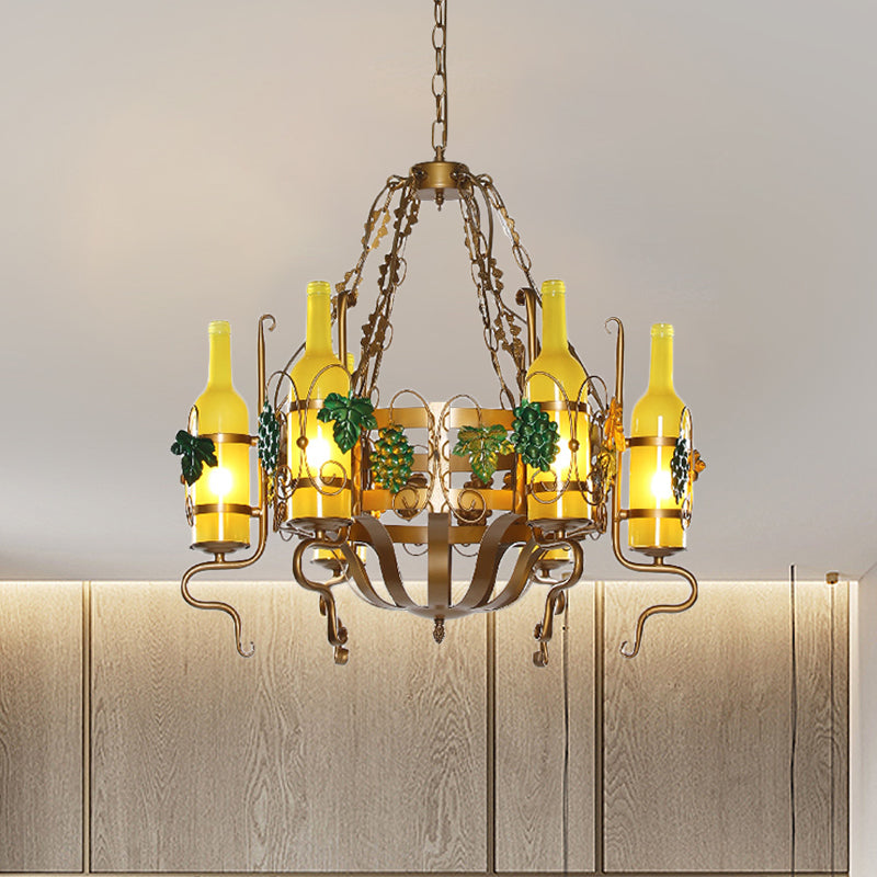 Wine Bottle Bistro Chandelier Light Industrial Yellow Glass 6-Light Antiqued Brass Pendant Lighting Fixture Brass Clearhalo 'Cast Iron' 'Ceiling Lights' 'Chandeliers' 'Industrial Chandeliers' 'Industrial' 'Metal' 'Middle Century Chandeliers' 'Rustic Chandeliers' 'Tiffany' Lighting' 791315