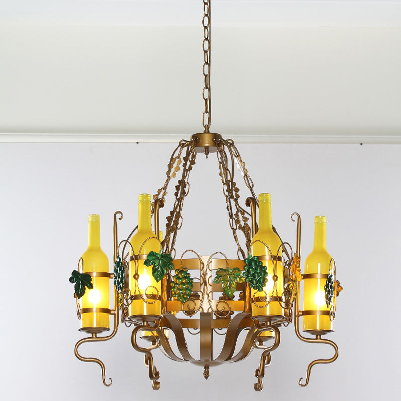 Wine Bottle Bistro Chandelier Light Industrial Yellow Glass 6-Light Antiqued Brass Pendant Lighting Fixture Clearhalo 'Cast Iron' 'Ceiling Lights' 'Chandeliers' 'Industrial Chandeliers' 'Industrial' 'Metal' 'Middle Century Chandeliers' 'Rustic Chandeliers' 'Tiffany' Lighting' 791316