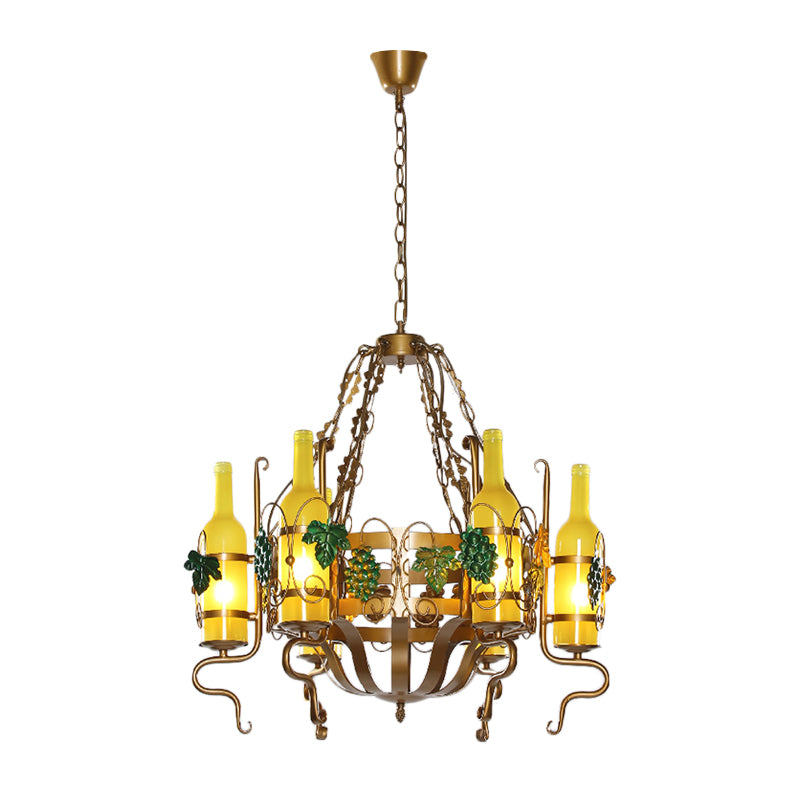 Wine Bottle Bistro Chandelier Light Industrial Yellow Glass 6-Light Antiqued Brass Pendant Lighting Fixture Clearhalo 'Cast Iron' 'Ceiling Lights' 'Chandeliers' 'Industrial Chandeliers' 'Industrial' 'Metal' 'Middle Century Chandeliers' 'Rustic Chandeliers' 'Tiffany' Lighting' 791317