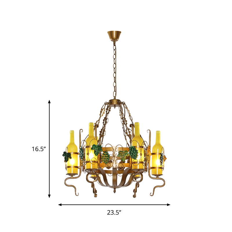 Wine Bottle Bistro Chandelier Light Industrial Yellow Glass 6-Light Antiqued Brass Pendant Lighting Fixture Clearhalo 'Cast Iron' 'Ceiling Lights' 'Chandeliers' 'Industrial Chandeliers' 'Industrial' 'Metal' 'Middle Century Chandeliers' 'Rustic Chandeliers' 'Tiffany' Lighting' 791318