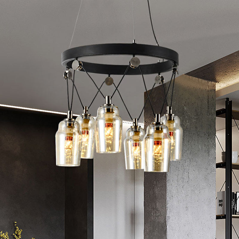 6-Light Cocktail Shaker Chandelier Loft Black Clear Glass Suspension Pendant Light Black Clearhalo 'Ceiling Lights' 'Chandeliers' 'Glass shade' 'Glass' 'Industrial Chandeliers' 'Industrial' 'Middle Century Chandeliers' 'Pendant Lights' 'Tiffany' Lighting' 791323