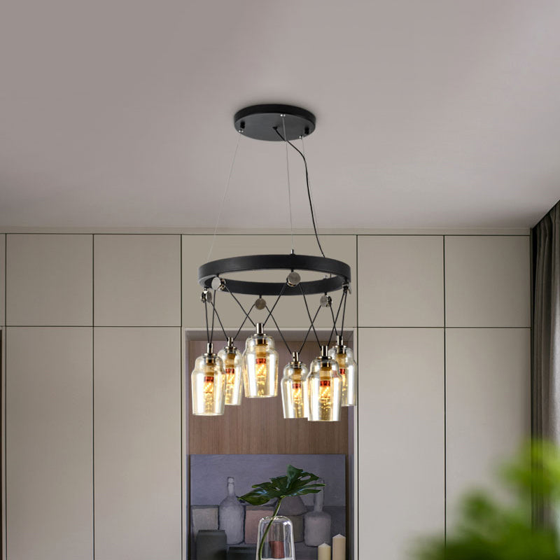 6-Light Cocktail Shaker Chandelier Loft Black Clear Glass Suspension Pendant Light Clearhalo 'Ceiling Lights' 'Chandeliers' 'Glass shade' 'Glass' 'Industrial Chandeliers' 'Industrial' 'Middle Century Chandeliers' 'Pendant Lights' 'Tiffany' Lighting' 791324