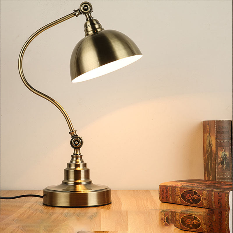 Metal Antique Gold Night Lamp Bowl Shade 1 Bulb Vintage Table Light with Adjustable Joint and Curved Arm Gold Clearhalo 'Lamps' 'Table Lamps' Lighting' 791348