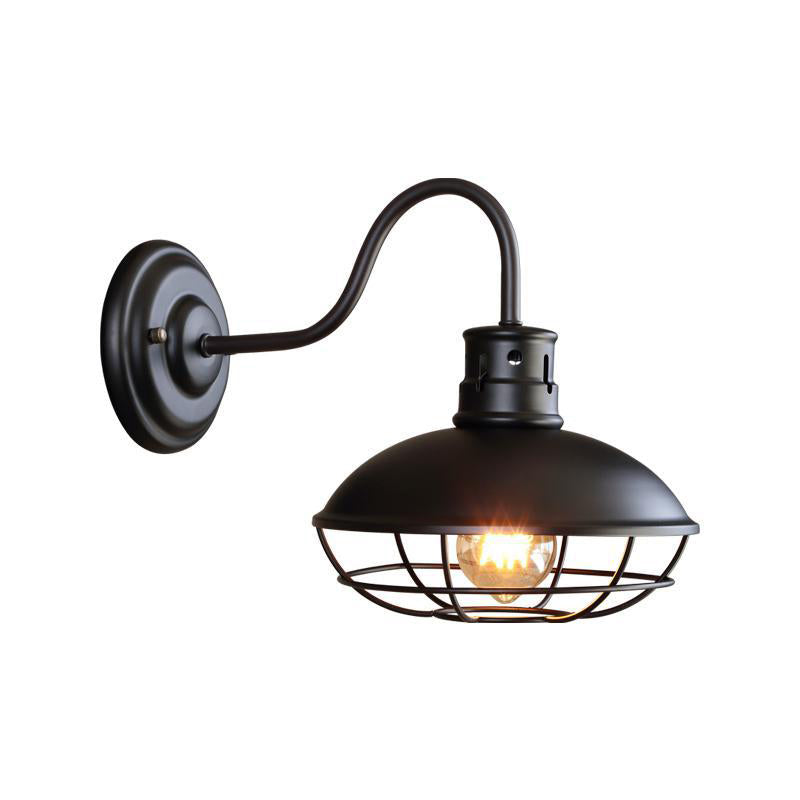 Wide Bowl Iron Wall Lamp Industrial Style 1-Light Bistro Sconce Wall Light with Bottom Wire Cage in Black/Coffee Clearhalo 'Art deco wall lights' 'Cast Iron' 'Glass' 'Industrial wall lights' 'Industrial' 'Middle century wall lights' 'Modern' 'Rustic wall lights' 'Tiffany' 'Traditional wall lights' 'Wall Lamps & Sconces' 'Wall Lights' Lighting' 791379