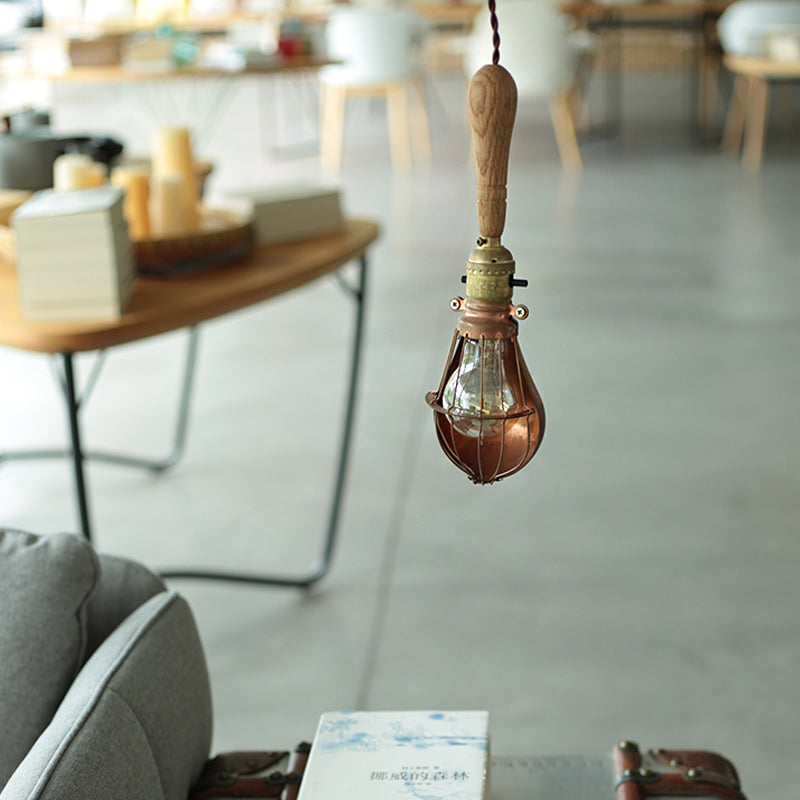 Rustic Bulb Shaped Mini Hanging Light 1 Head Wood Down Lighting Pendant with Cage Guard Clearhalo 'Ceiling Lights' 'Industrial Pendants' 'Industrial' 'Middle Century Pendants' 'Pendant Lights' 'Pendants' 'Tiffany' Lighting' 791402