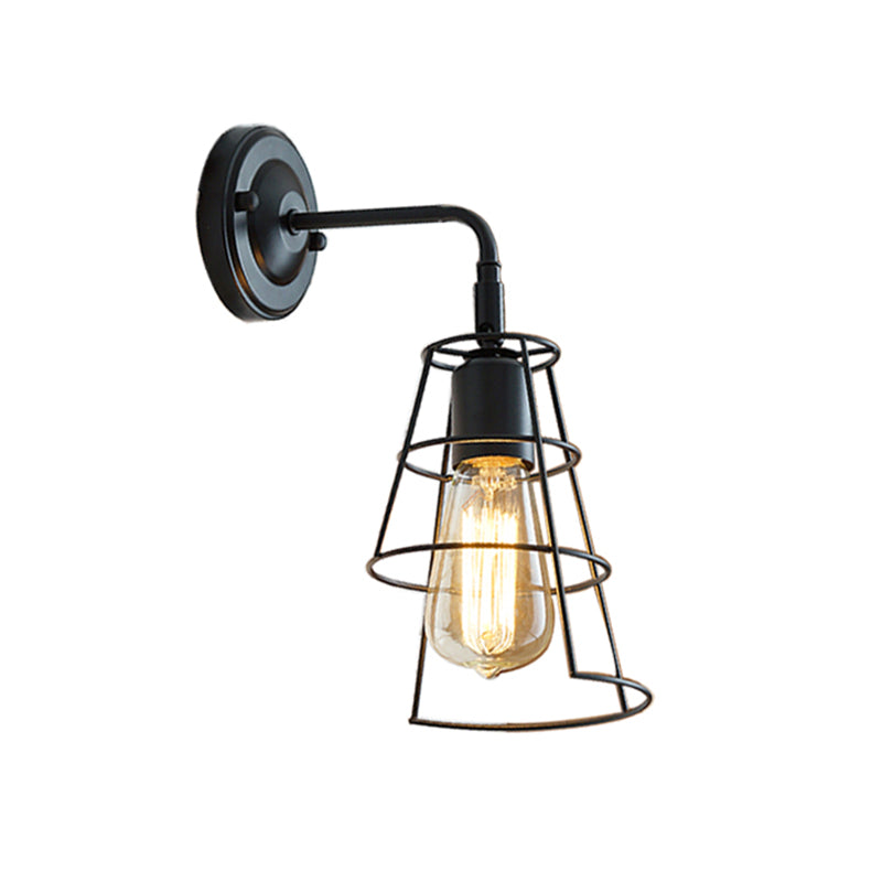 Black Cone Cage Rotating Wall Lamp Industrial Metal 1 Head Bedroom Sconce Wall Lighting Clearhalo 'Art deco wall lights' 'Cast Iron' 'Glass' 'Industrial wall lights' 'Industrial' 'Middle century wall lights' 'Modern' 'Rustic wall lights' 'Tiffany' 'Traditional wall lights' 'Wall Lamps & Sconces' 'Wall Lights' Lighting' 791580