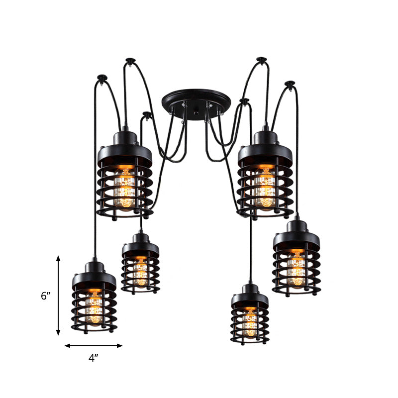 Factory Lantern Swag Pendant Light 6 Heads Metal Multi Hanging Light in Black for Living Room Clearhalo 'Art Deco Pendants' 'Black' 'Cast Iron' 'Ceiling Lights' 'Ceramic' 'Crystal' 'Industrial Pendants' 'Industrial' 'Metal' 'Middle Century Pendants' 'Pendant Lights' 'Pendants' 'Rustic Pendants' 'Tiffany' Lighting' 791615