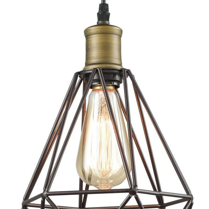 Retro Diamond Cage Pendant Light 1 Bulb Iron Hanging Lamp in Brass/Antique Brass for Living Room Clearhalo 'Art Deco Pendants' 'Cast Iron' 'Ceiling Lights' 'Ceramic' 'Crystal' 'Industrial Pendants' 'Industrial' 'Metal' 'Middle Century Pendants' 'Pendant Lights' 'Pendants' 'Tiffany' Lighting' 79280